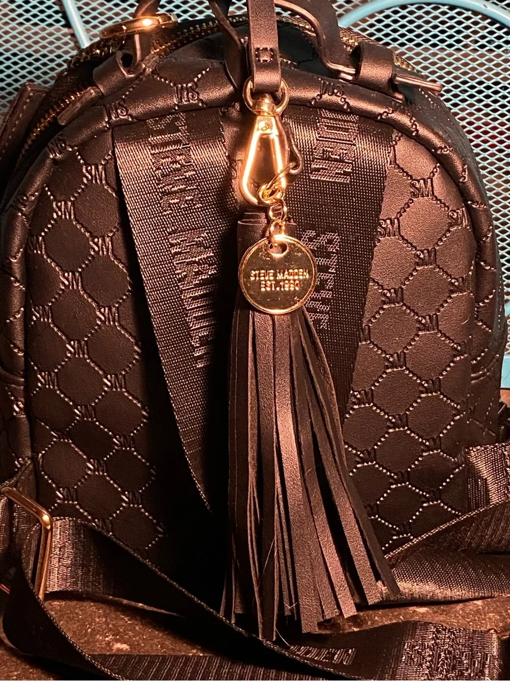 NWOT Steve Madden small backpack,tassel logo keychain,credit card wallet,black
